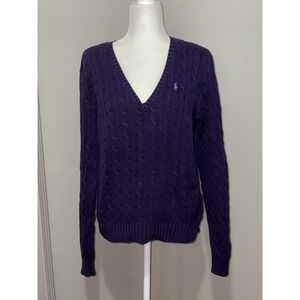VTG Ralph Lauren Sport Sweater Womens Lg Purple Cotton Cable Knit V Neck Y2K 90s